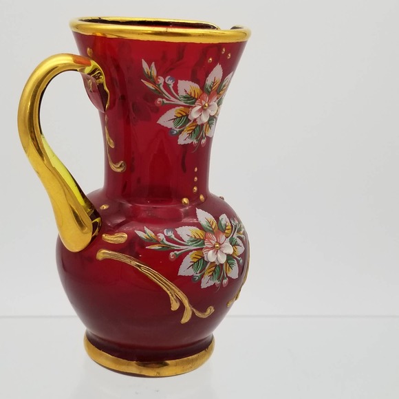 Ruby Red Glass Handpainted Miniature Vase Pitcher Gold Floral Italian Vintage - Picture 8 of 8